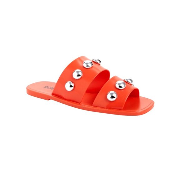 Schutz Nordstrom Lizzie Slides Sandal 9 Silver Studded Open Toe Bright Orange - Picture 10 of 10